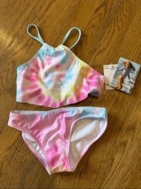 Limeapple Tie-Dye Halter Bikini Set in Pastel Pink & Blue Girls 6 NWT